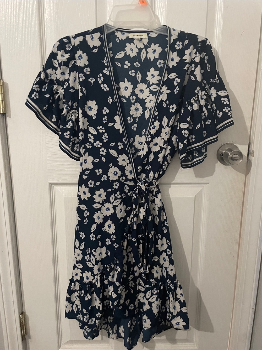 Max Studio Navy and White Floral Wrap Dress with Tie Waist